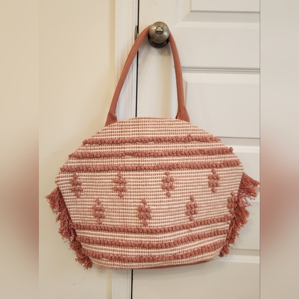 Straw Fringe Tote Large Handbag Shade &‎ Shore Rose Pink #II